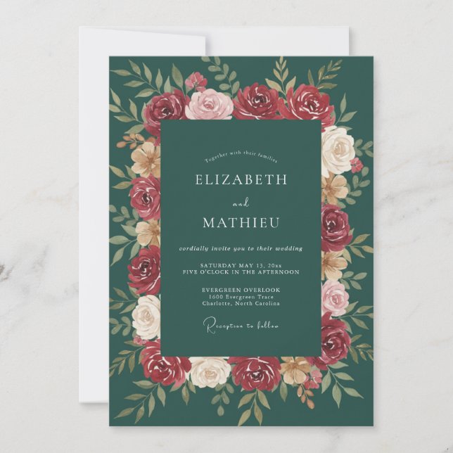 Crimson Emerald Leafy Wedding Invitation (Front)