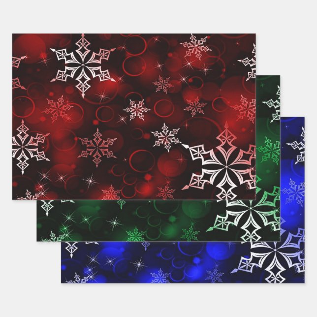 Crimson Emerald & Royal Blue Snowflake Pattern Wrapping Paper Sheets (Set)