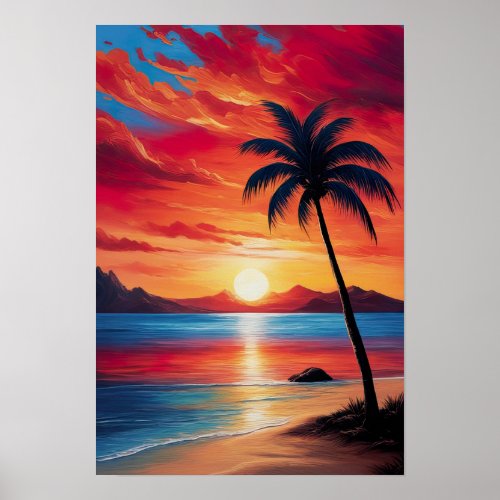 Crimson Evening by the Beach Poster