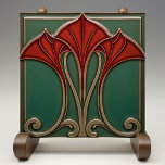 Crimson Flare Art Nouveau Ceramic Tile<br><div class="desc">Unleash the bold drama of the Art Nouveau era with this striking ceramic tile. A trio of fiery crimson and scarlet leaves stands proudly against a backdrop of deep hunter green, exuding an intensity as vivid as it is elegant. The sinewy lines of antique gold and warm taupe create a...</div>