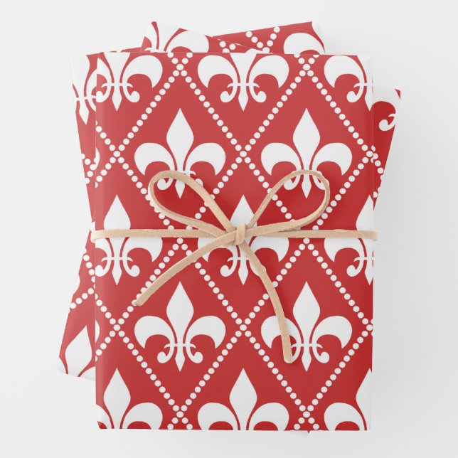 Crimson Fleur de Lis Wrapping Paper Sheets (In situ)