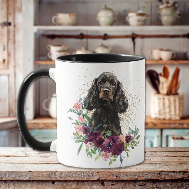 Crimson Floral Bouquet Black Tan Cocker Spaniel Mug (Creator Uploaded)
