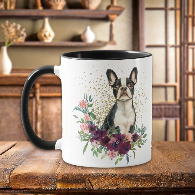 Crimson Floral Bouquet Boston Terrier Dog Mug (Creator Uploaded)
