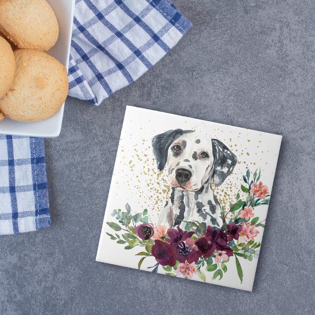 Crimson Floral Bouquet Dalmatian Dog Ceramic Tile (Creator Uploaded)