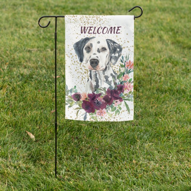 Crimson Floral Bouquet Dalmatian Welcome Garden Flag (In SItu)
