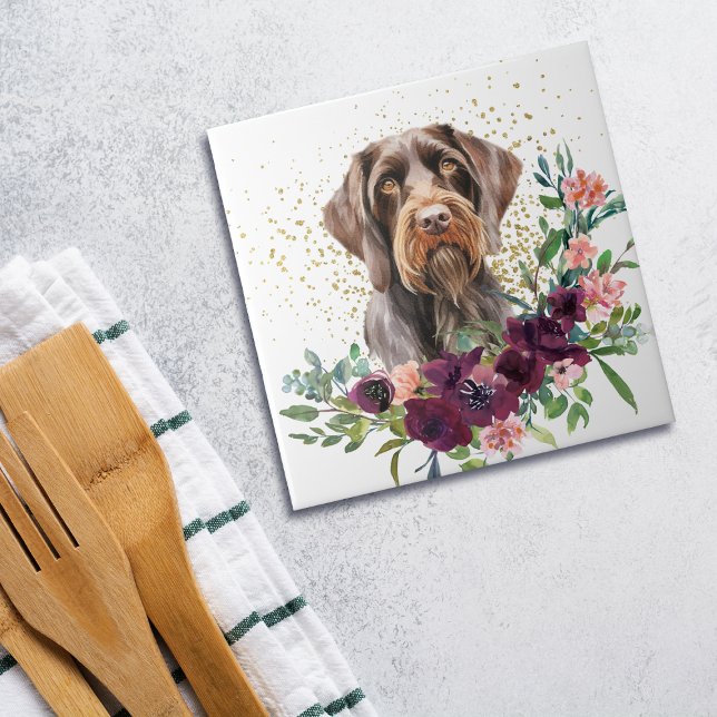 Crimson Floral Bouquet German Wirehaired Pointer Ceramic Tile (Creator Uploaded)