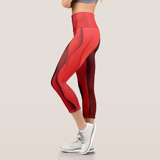 Crimson Flow – Abstract Red Waves of Motion Capri Leggings (Left)