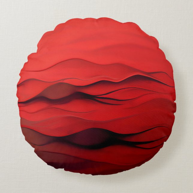 Crimson Flow – Abstract Red Waves of Motion Round Pillow (Front)