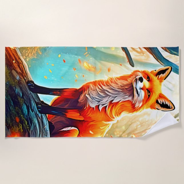 Crimson Fox Scene Design Beach Towel (Front)