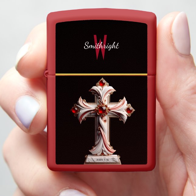 Crimson Gem Adorning Cross Zippo Lighter (In Hand)