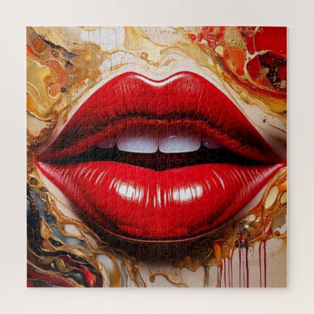 Crimson Gloss: Bold Red Lips & Liquid Gold Jigsaw Puzzle (Vertical)