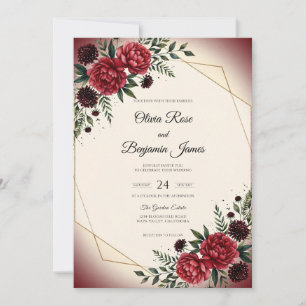 Crimson Gold Blossom Wedding Invitation