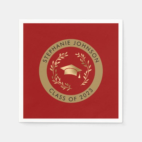 Crimson Gold Grad Cap Wreath Class of 2023 Party Napkins