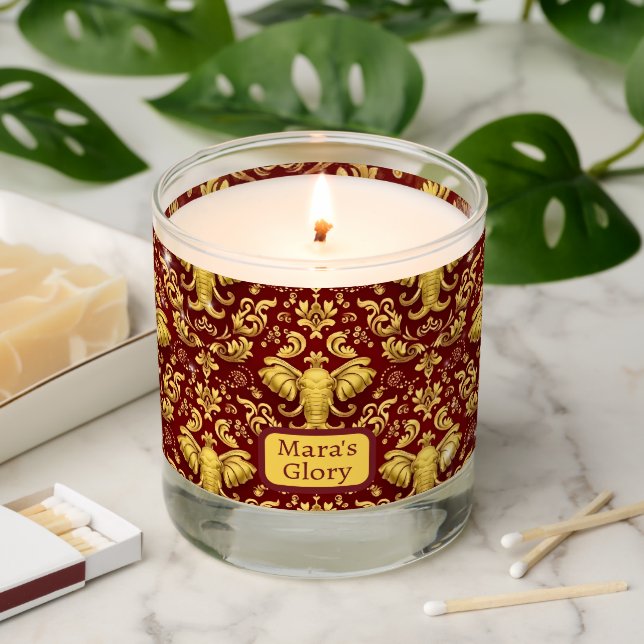 Crimson & Gold Majesty: The Ornate Elephant Ritual Scented Candle (Lit)