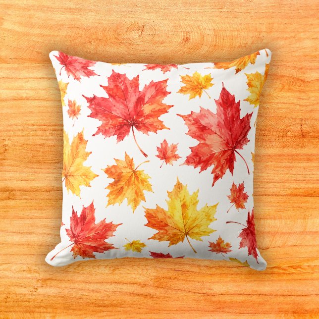 Crimson Gold Watercolor Maple Leaf Pattern Throw Pillow (Creator Uploaded)