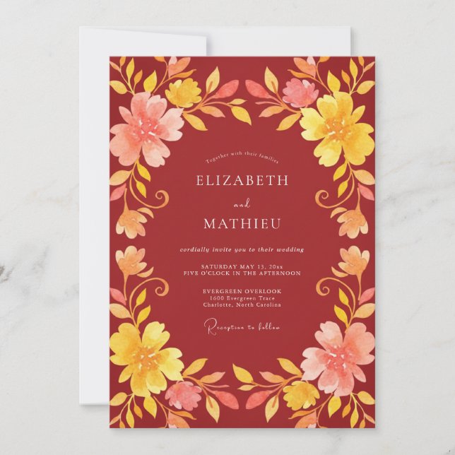 Crimson Gold Wreath Wedding Invitation (Front)