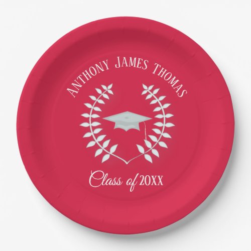 Crimson Grad Cap and Leaves Paper Plates 9