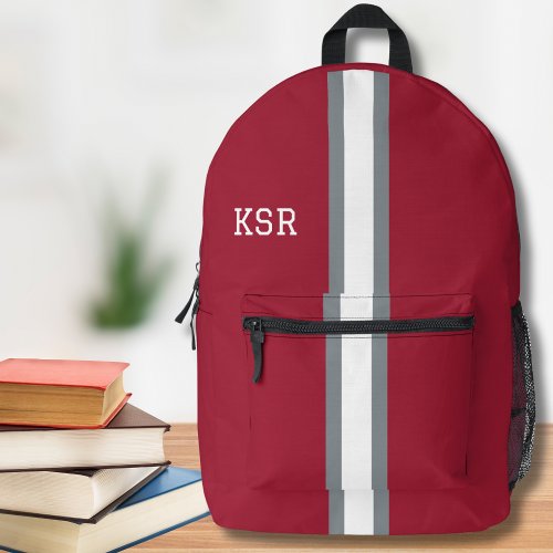 CrimsonGrayWhite Stripe College Colors Monogram Printed Backpack
