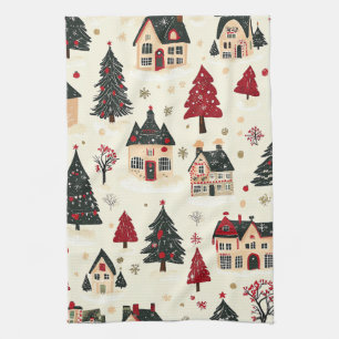 Crimson Green Christmas Village Snowy Toile Kitchen Towel