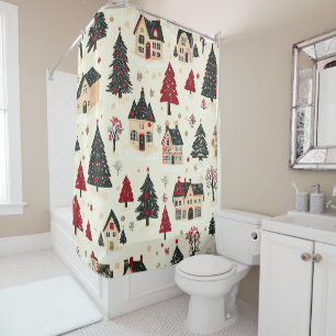 Crimson Green Christmas Village Snowy Toile Shower Curtain