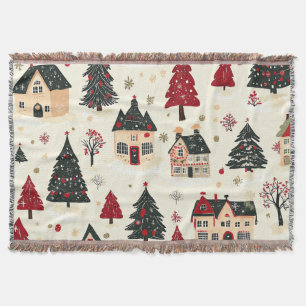Crimson Green Christmas Village Snowy Toile Throw Blanket