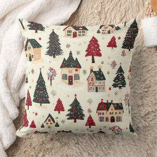Crimson Green Christmas Village Snowy Toile Throw Pillow