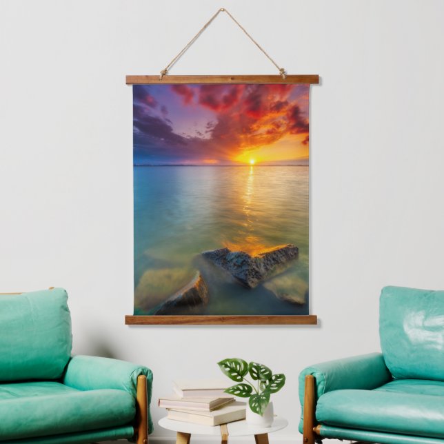 Crimson Horizon Over Gentle Waters Hanging Tapestry (Living Room)