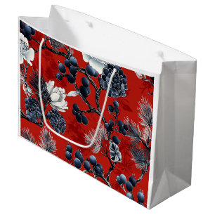 Crimson Indigo Chinoiserie Peony Magnolia Winter Large Gift Bag