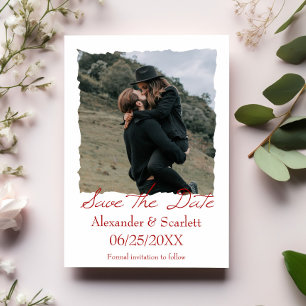 Crimson Jagged Frame Photo Save The Date Announcement