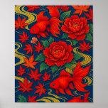 Crimson Koi Dance in Autumn Bloom Poster