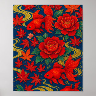 Crimson Koi Dance in Autumn Bloom Poster
