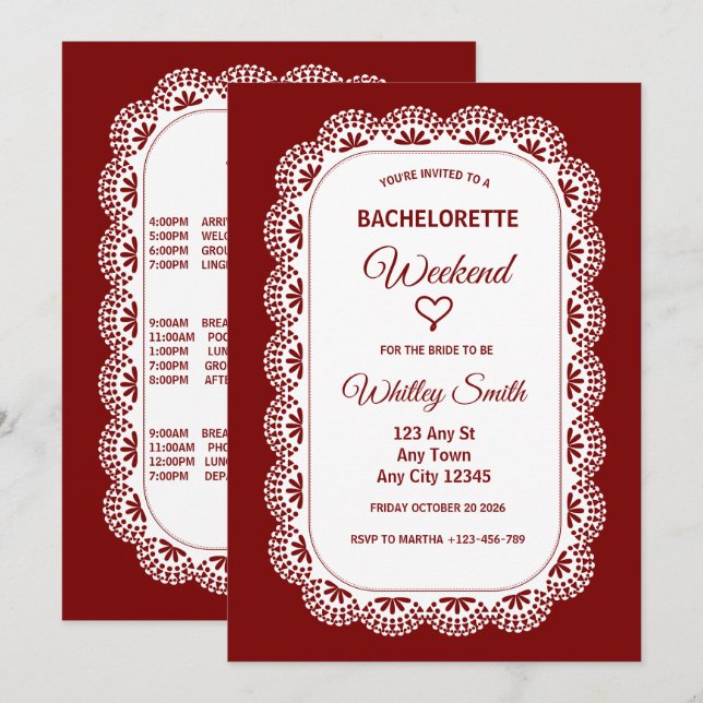 Crimson Lace Bachelorette Party Invitation (Front/Back)