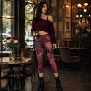 Crimson Lace Roses Romantic Gothic Floral Fashion Capri Leggings