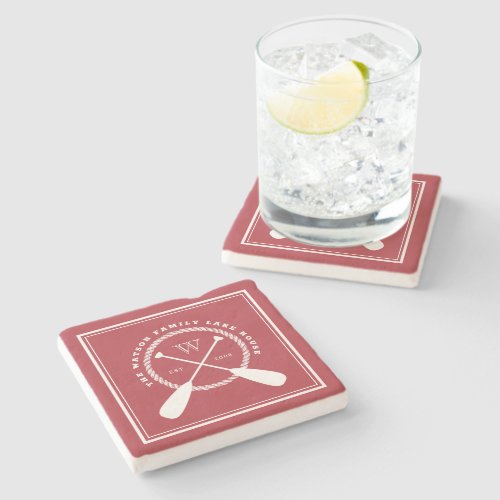 Crimson Lake House Monogram Crossed Paddles Stone Coaster