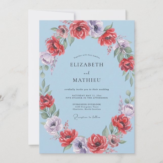 Crimson Lilac Wreath Wedding Invitation (Front)