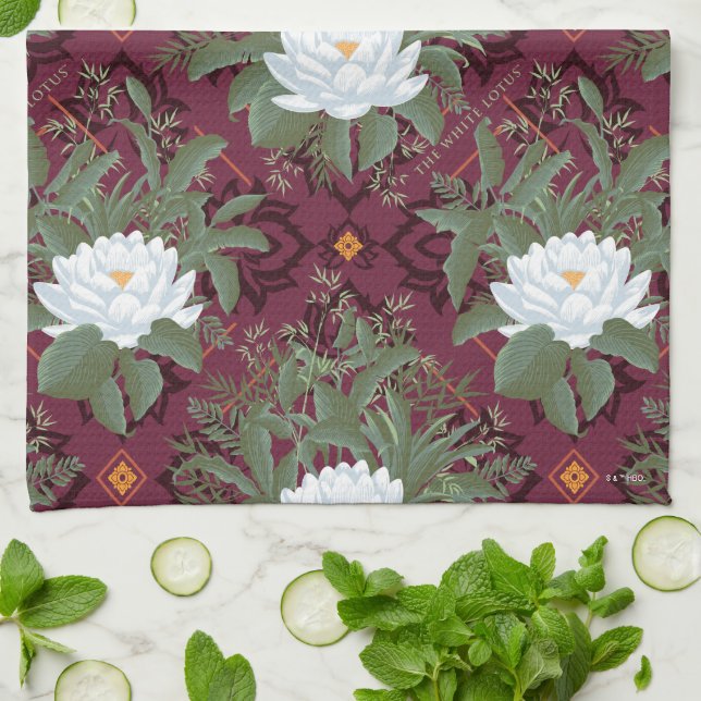 Crimson Lotus Elegance Pattern - The White Lotus Kitchen Towel (Folded)