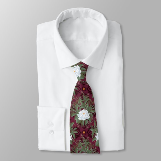 Crimson Lotus Elegance Pattern - The White Lotus Neck Tie (Tied)