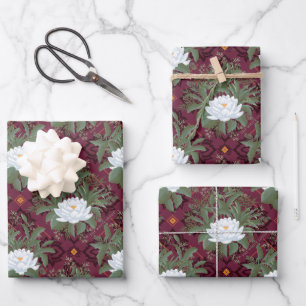 Crimson Lotus Elegance Pattern - The White Lotus Wrapping Paper Sheets