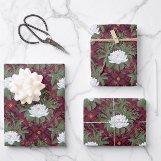 Crimson Lotus Elegance Pattern - The White Lotus Wrapping Paper Sheets