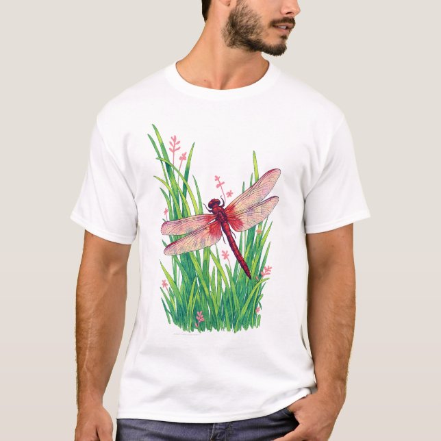 Crimson marsh glider dragonfly green grass T-Shirt (Front)