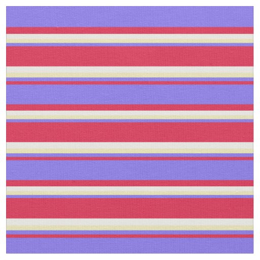 Crimson, Medium Slate Blue, Tan & White Stripes Fabric