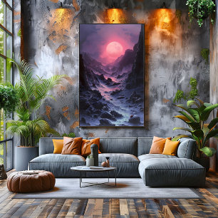 Crimson Moon Alien Valley Surreal Landscape Poster