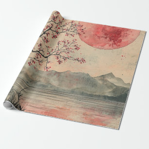 Crimson Moon Lakeside Ink Wash Wrapping Paper