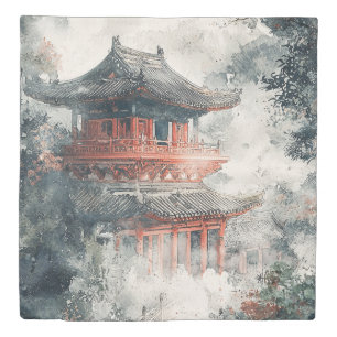 Crimson Mountain Pagoda Ink Wash (1) Duvet Cover