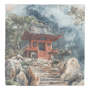 Crimson Mountain Pagoda Ink Wash (2) Duvet Cover