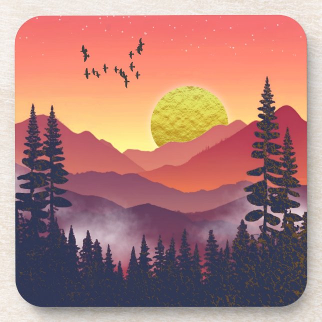 Crimson Mountains Landscape Beverage Coaster (Front)
