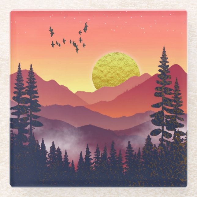 Crimson Mountains Landscape Glass Coaster (Front)