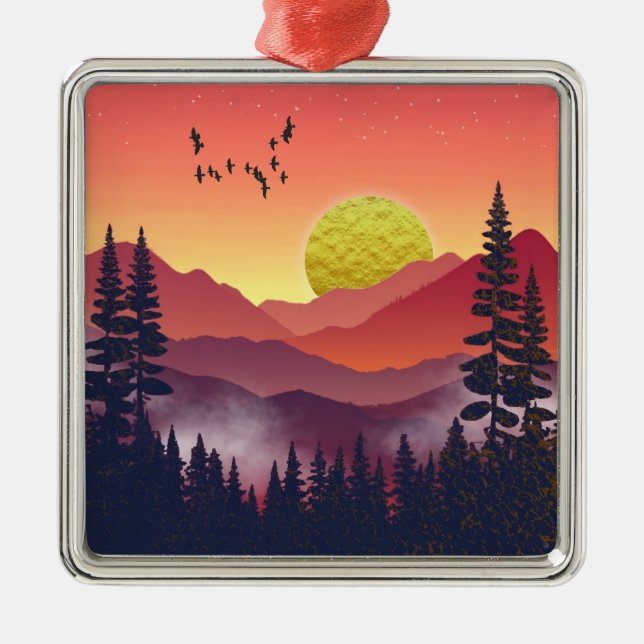 Crimson Mountains Landscape Metal Ornament (Front)