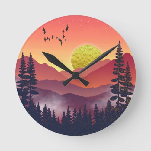 Crimson Mountains Landscape Round Clock