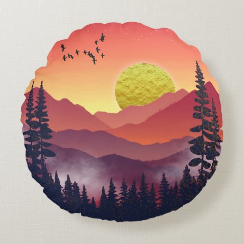 Crimson Mountains Landscape Round Pillow